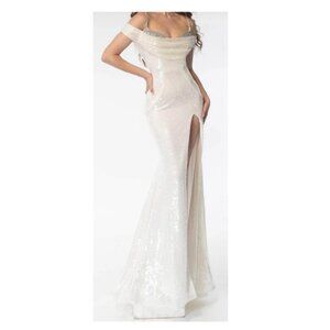 Off-Shoulder Sequin Ivory Prom Gown with High Slit